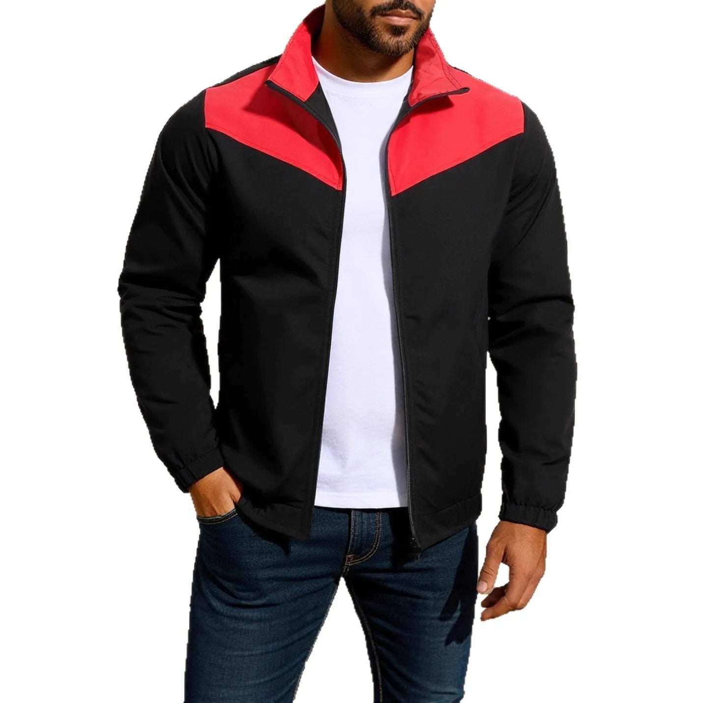 Men's red windproof jacket with high collar and zip, showing raglan sleeve design.