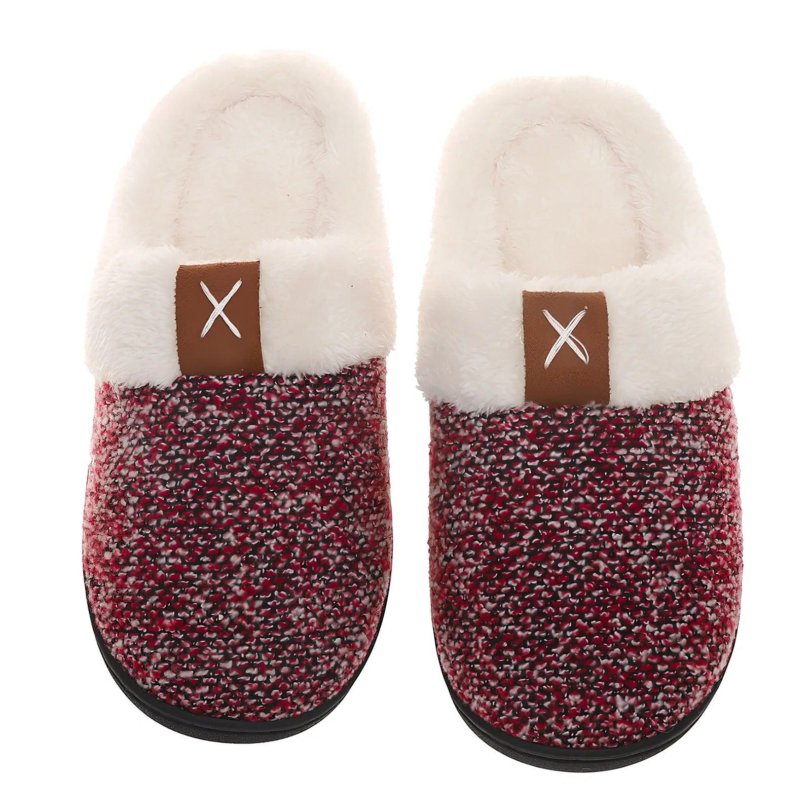 Winter plush slippers with thick sole and anti-slip pattern in burgundy colour
