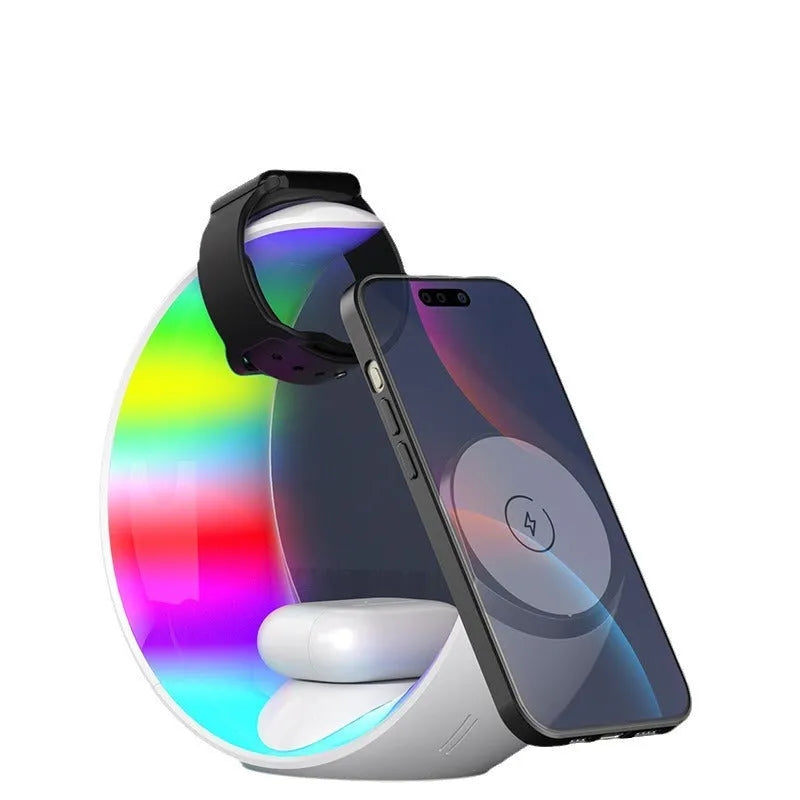 White wireless 4-in-1 ambience light charger with LED night lamp and Type-C port