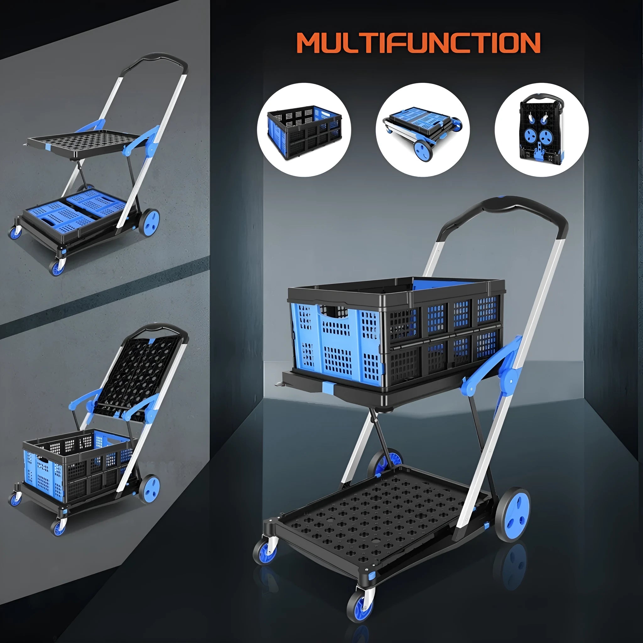 Foldable plastic shopping cart with two baskets shown in available blue, purple, pink, and red colour options