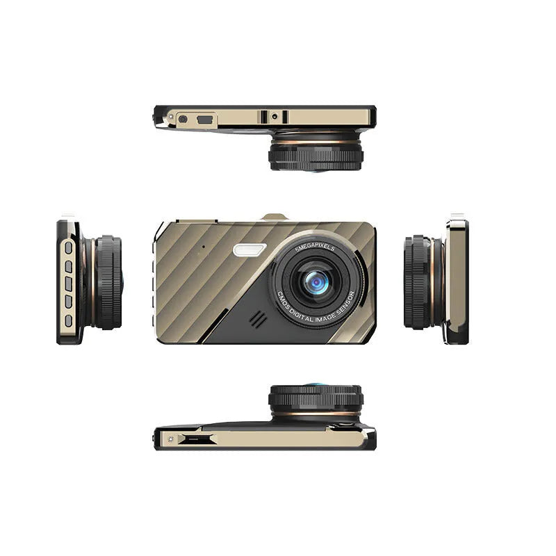 Black 4-inch touch screen dual lens car dashcam mounted on a windscreen