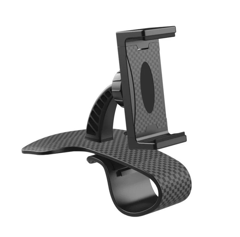 Dashboard-mounted car phone holder with adjustable ball head and stretchable silicone clip for conventional smartphones