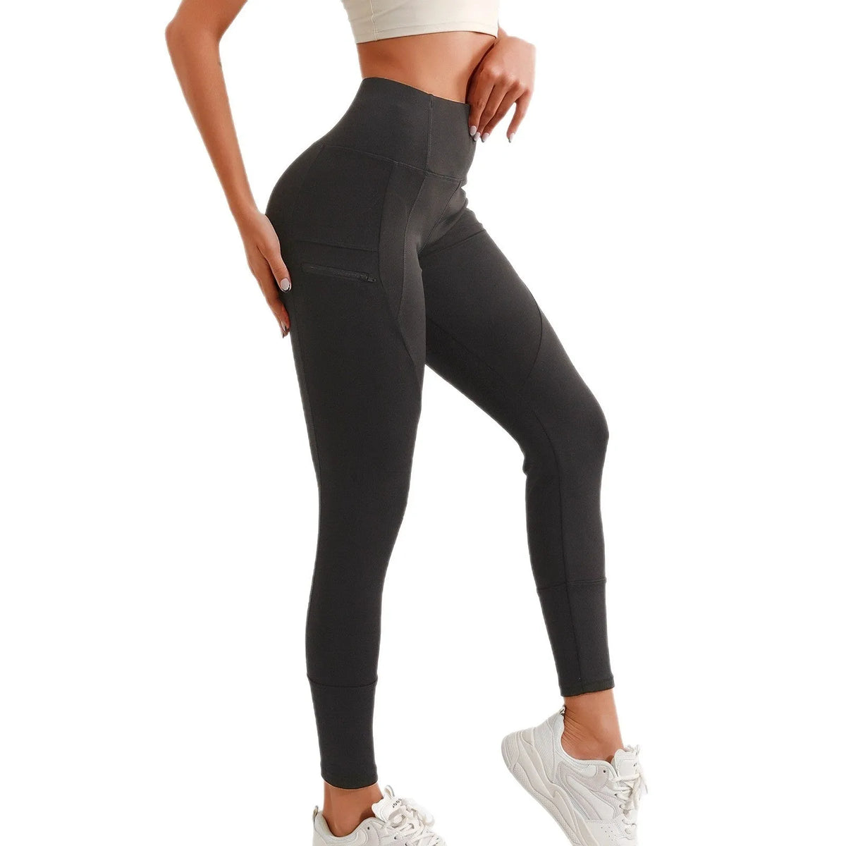 Black women's high waist elastic leggings with zipper pocket, cropped length, polyester spandex blend