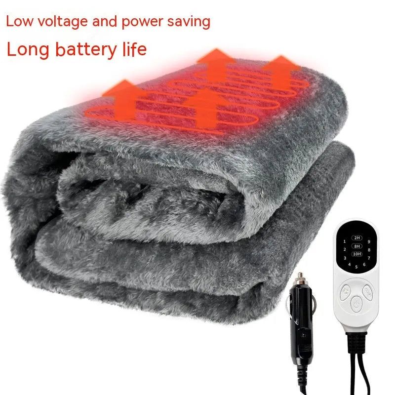 Grey 12V car electric blanket with cigarette lighter plug and temperature control for vehicle seats