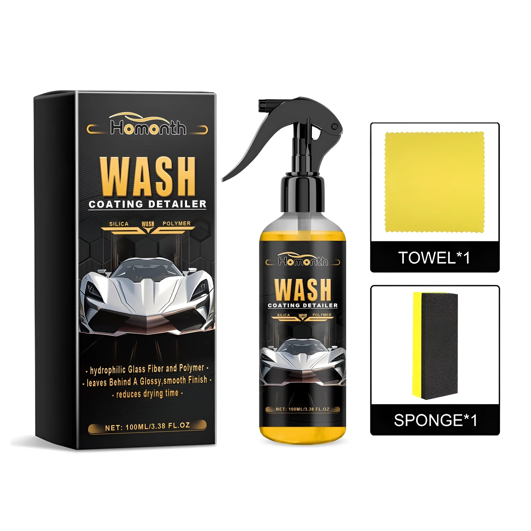 Car wash coating detailer kit with PET spray bottle, sponge applicator, and microfiber cloth