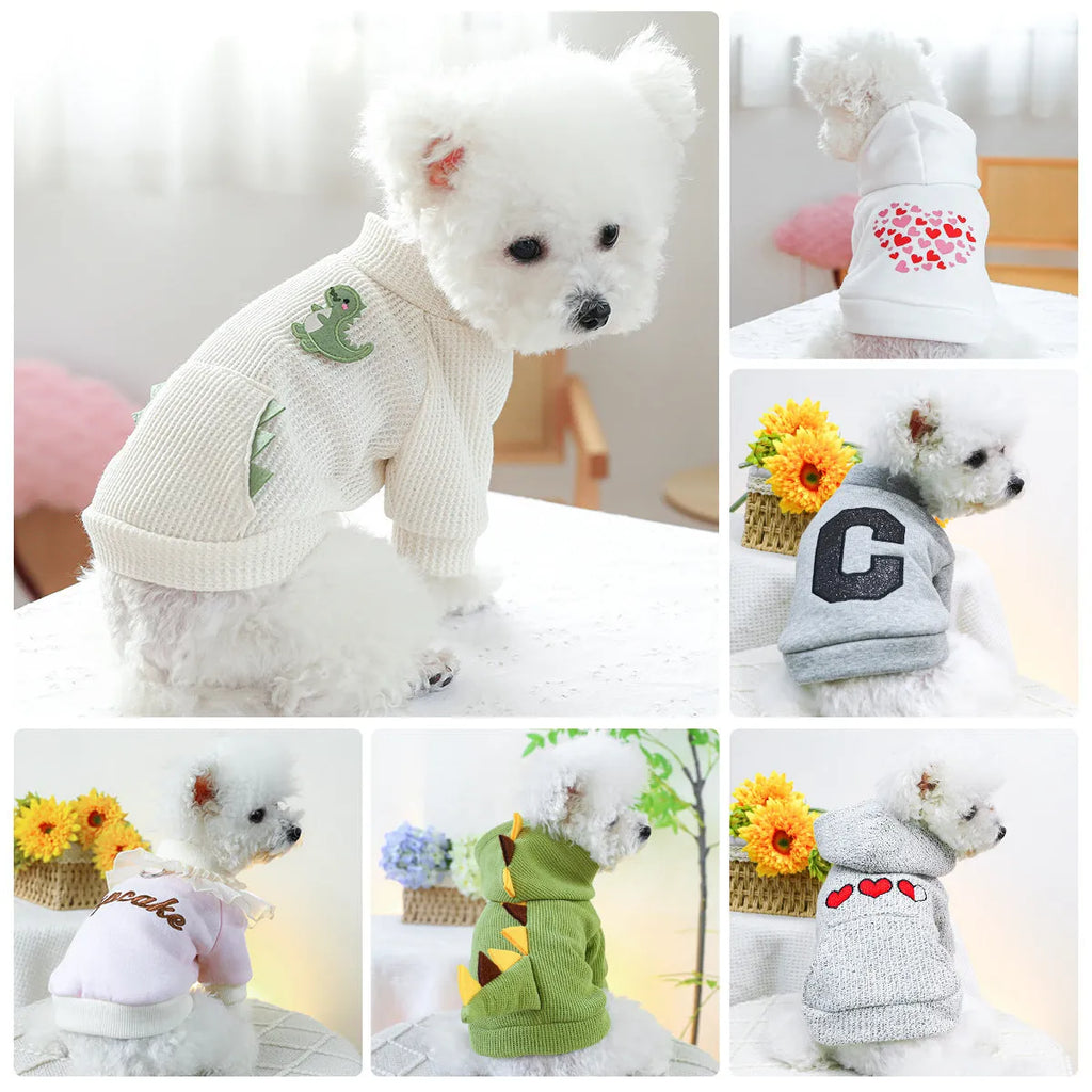 Casual pet sweater round-neck shirt in polyester with red heart design on white background