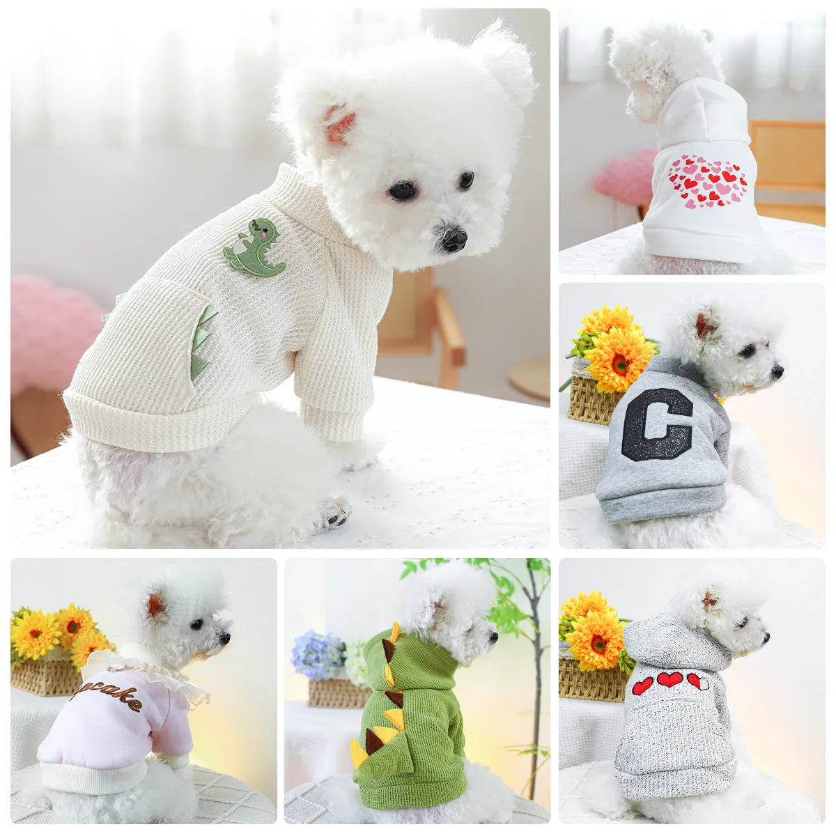 Casual pet sweater round-neck shirt in polyester with red heart design on white background