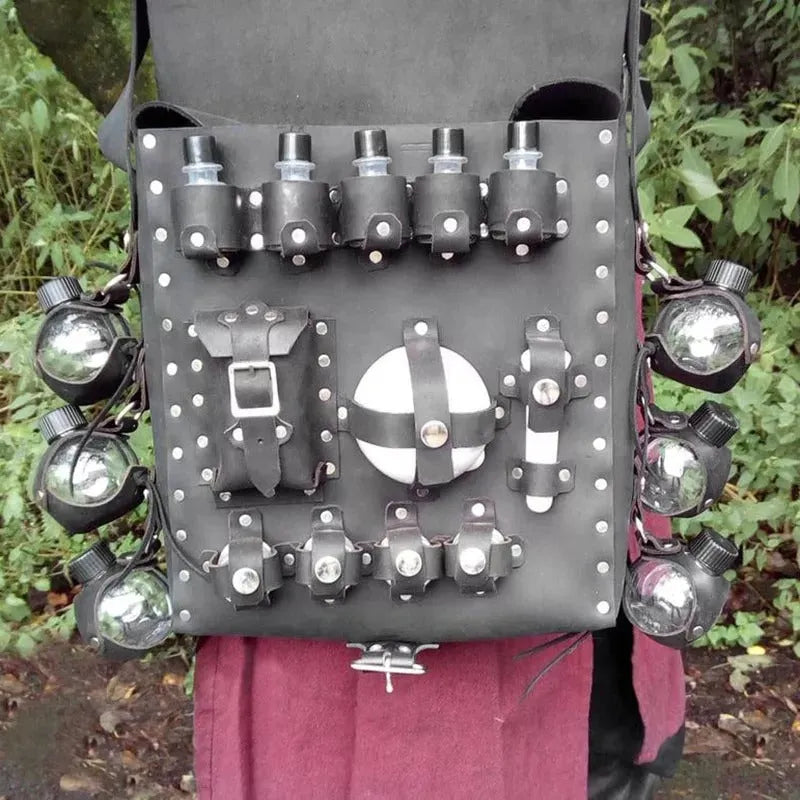 Fashion retro flask handmade bag satchel in synthetic leather, black colour, shoulder bag COSPLAY prop