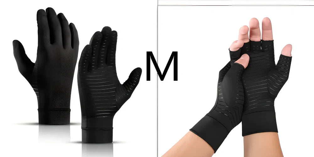 Black full-finger arthritis pressure gloves with silicone grip, sizes S M L for hand pain relief and circulation