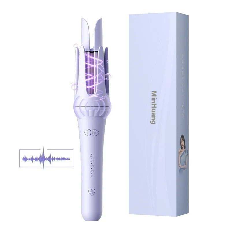 Light purple and pink 32mm automatic hair curler with anion technology and styling clips.