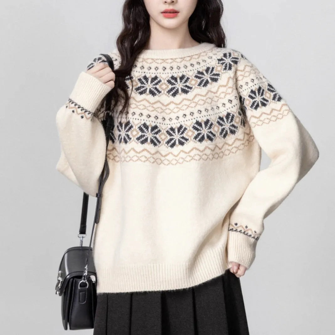 Women's Milky White vintage fair isle pullover sweater with geometric pattern, loose fit, and long sleeves.