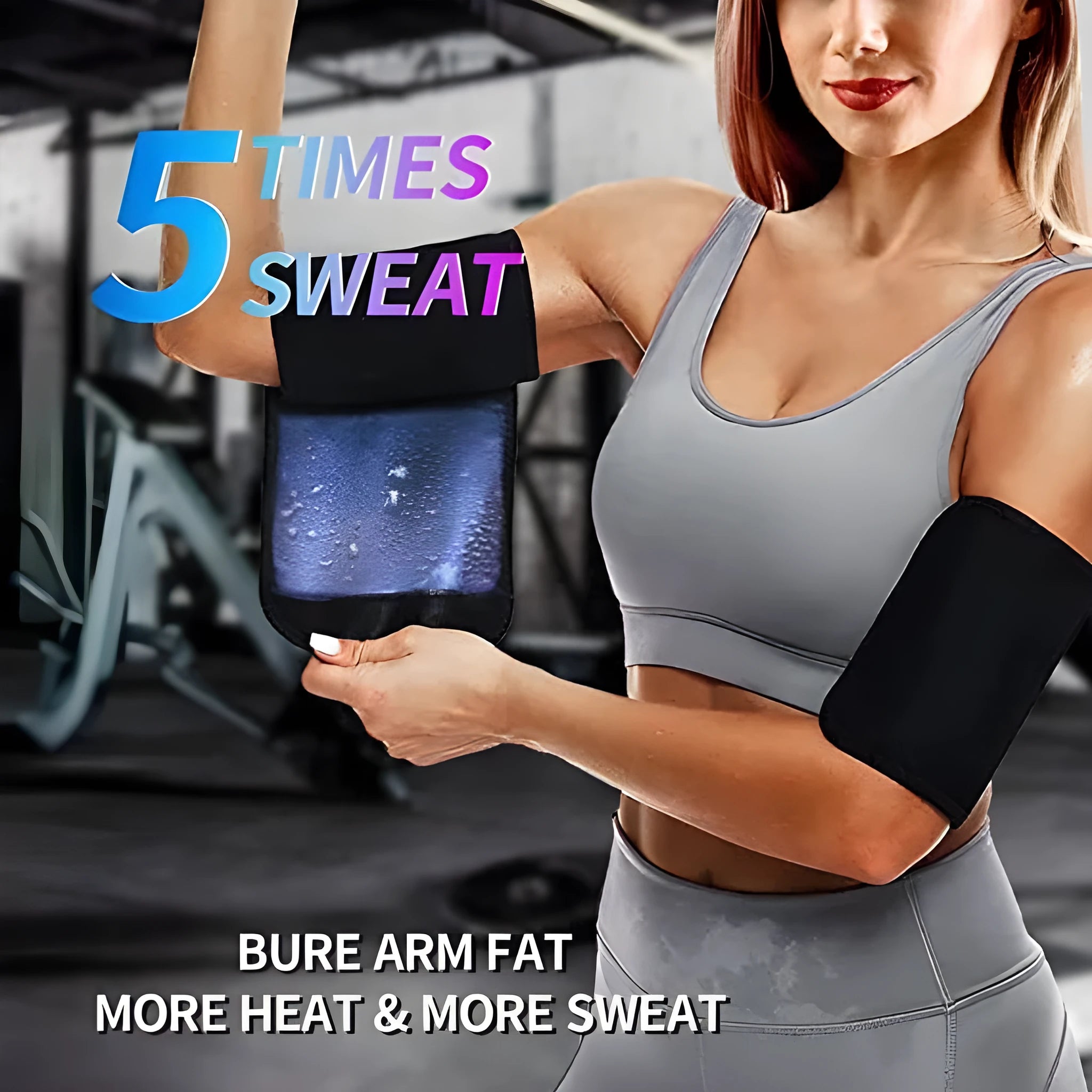 Adjustable arm sweatband in blue colour with binding strap, shown on an arm.