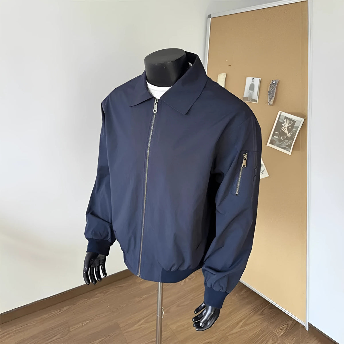 Navy blue short baseball uniform jacket for teenagers loose fit front view
