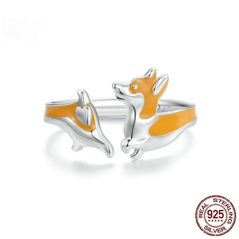Cartoon corgi dog design on a silver plated women's ring.