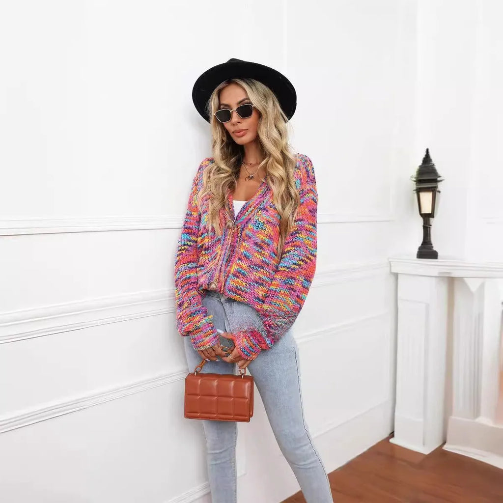 Rose red rainbow mixed colour festival cardigan knitted coat with loose street fashion fit