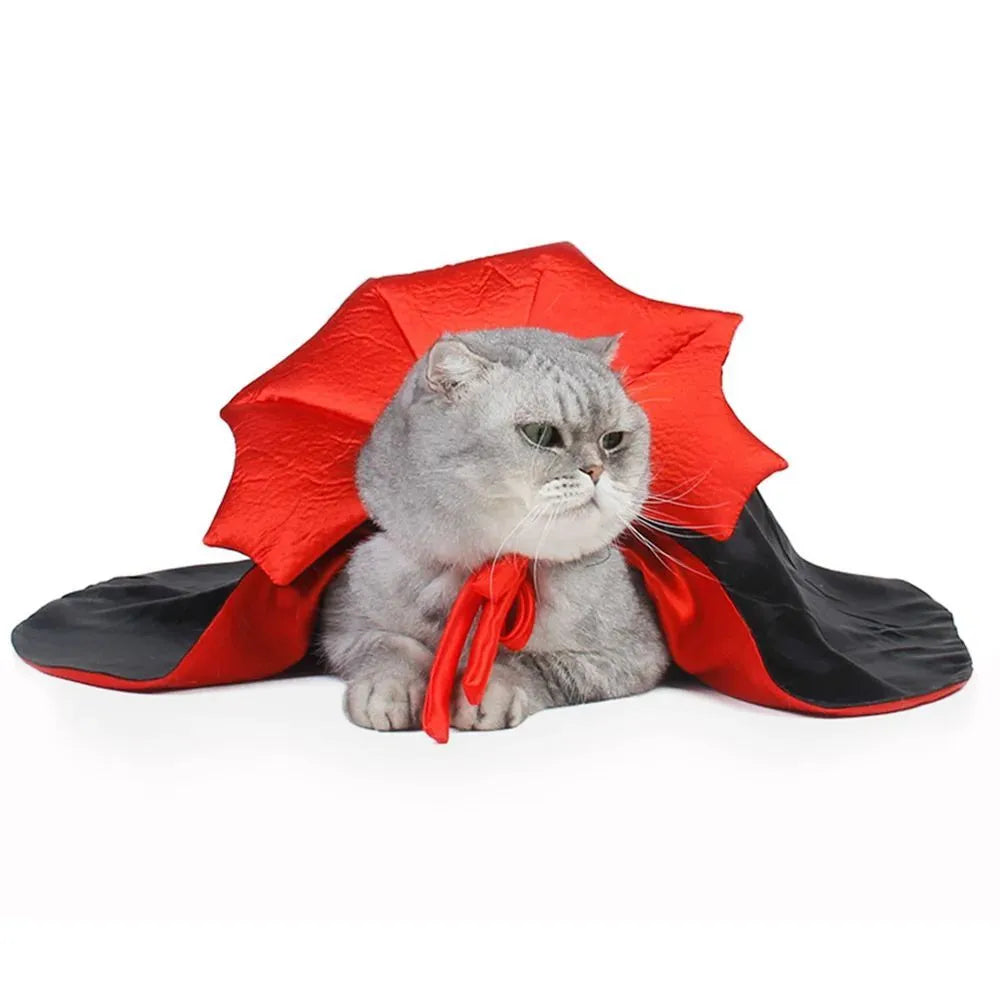 Vampire Halloween cloak costume for small dogs and cats showing three size options with measurements