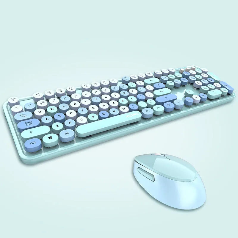 Sweet lipstick mixed colour wireless keyboard and mouse set with colourful key caps and small USB receiver on desk