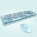 Sweet lipstick mixed colour wireless keyboard and mouse set with colourful key caps and small USB receiver on desk