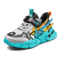 Children's Velcro running shoes in yellow, black red, and lake blue colours with cartoon pattern