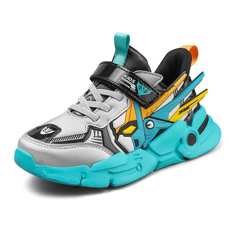 Children's Velcro running shoes in yellow, black red, and lake blue colours with cartoon pattern