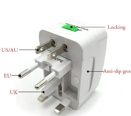 Compact universal travel adapter plug on a white background showing its size and socket.