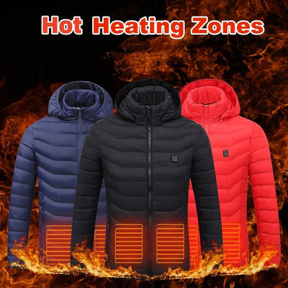 Heated puffer jacket with 9 heating zones, adjustable hood, and insulation for skiing in cold weather