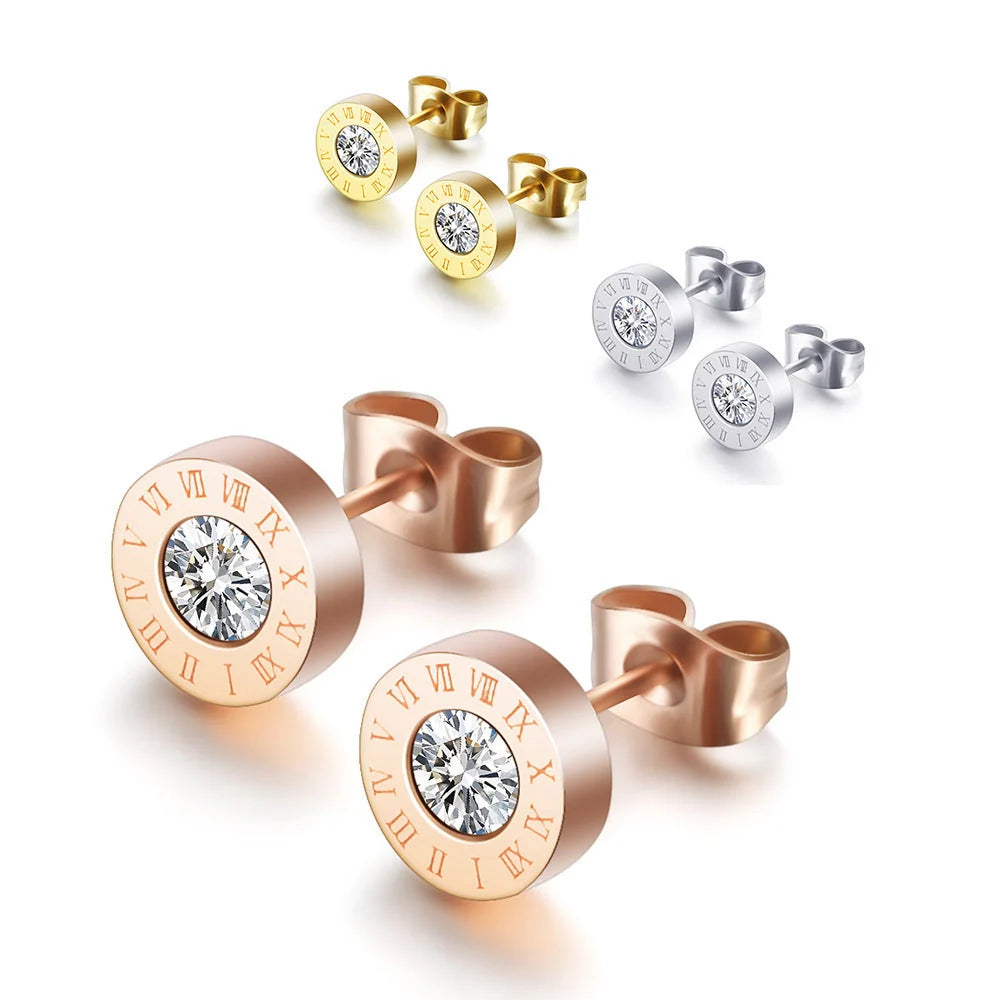 Roman Numerals and Diamond Stud Earrings in titanium steel with gold-plated finishes