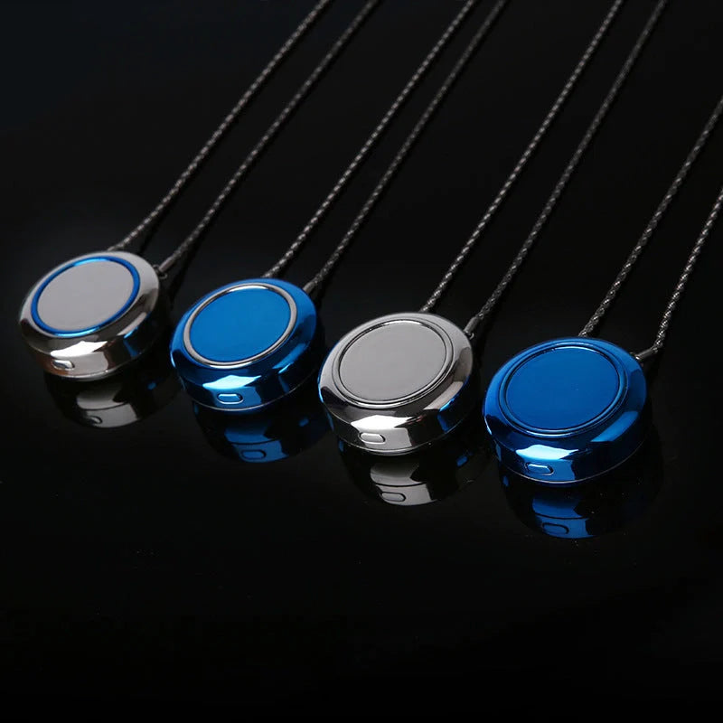 Portable negative ion air purifier necklace in blue, white, and silver options