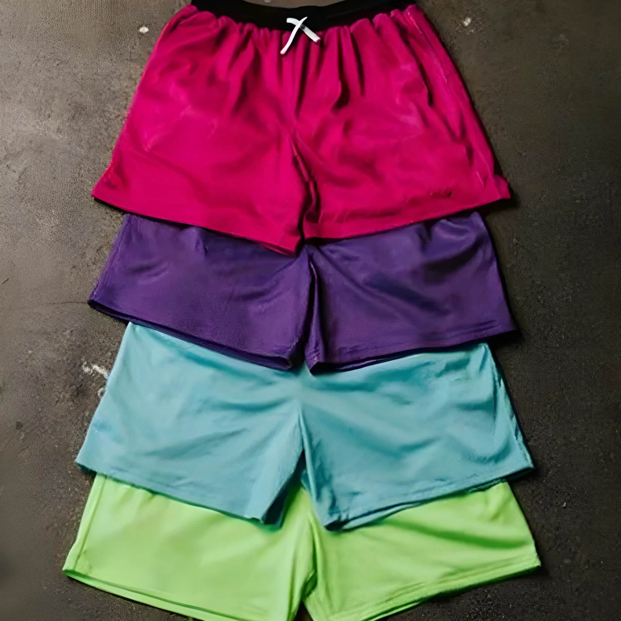 Men's solid colour mesh quick-drying running shorts in black, shown on a hanger.
