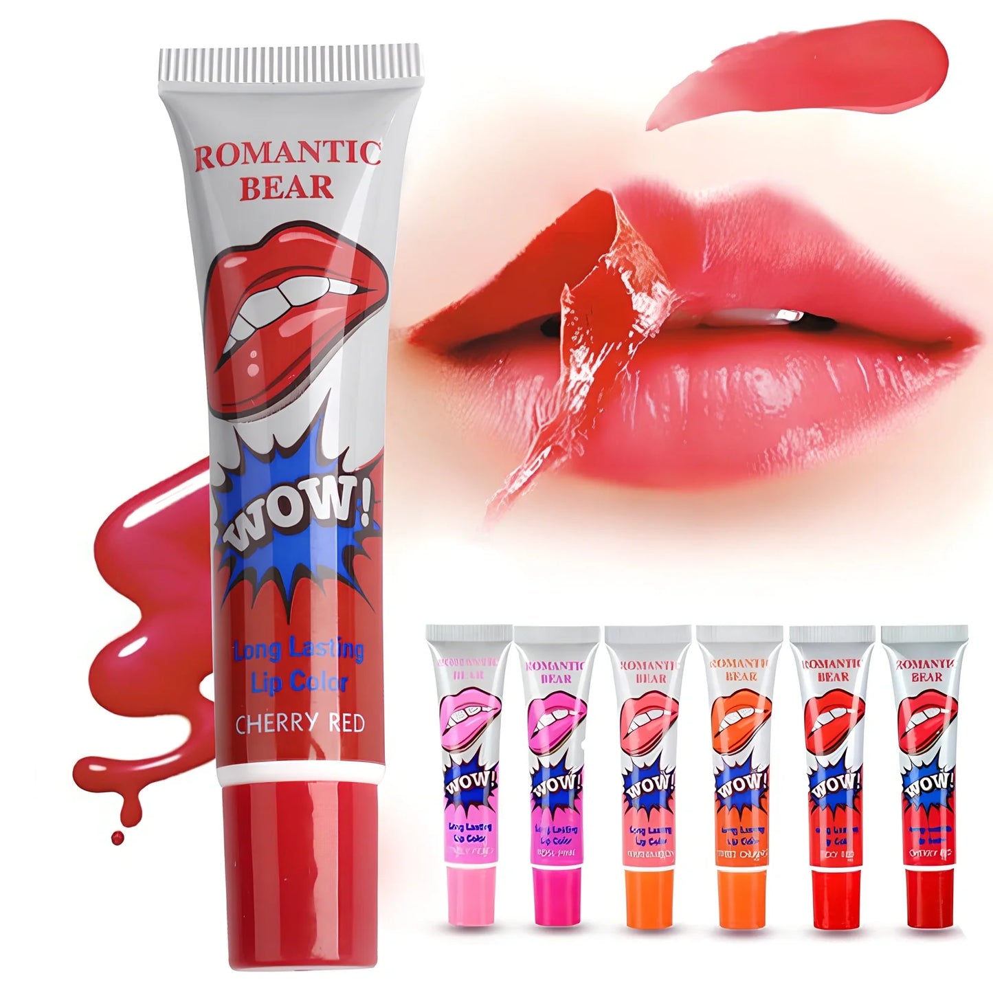 Six colour peel-off liquid lipstick set with applicator and waterproof mineral formula