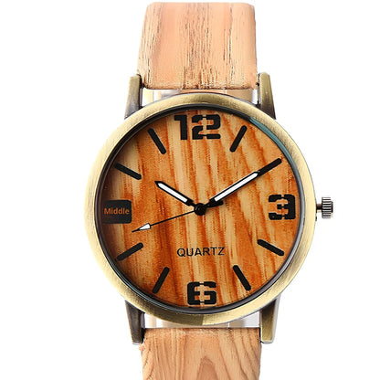Wood grain style quartz wrist watch with 40.5mm round dial, 11mm thick metal case, and plastic strap - precise timekeeping accessory