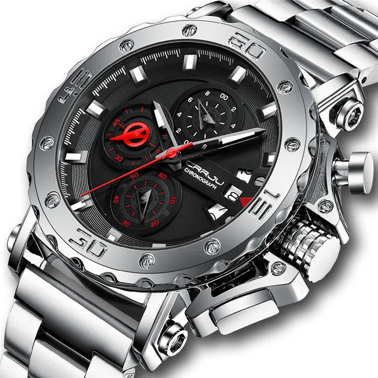 Men's quartz watch with oversized 4.7cm dial, solid stainless steel band, and blue face
