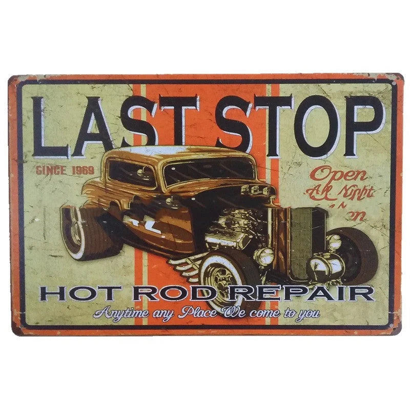 Retro tin painting metal crafts with car and motorcycle patterns in vibrant colours