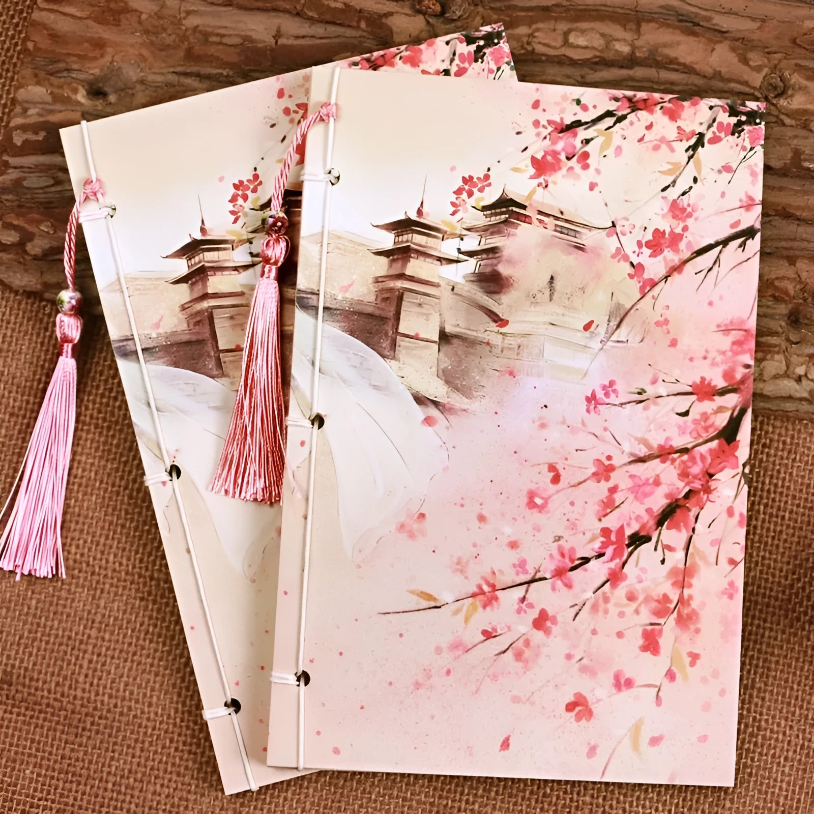 Watercolour azalea Chinese thread-bound notebook showing traditional binding and 208x140mm size