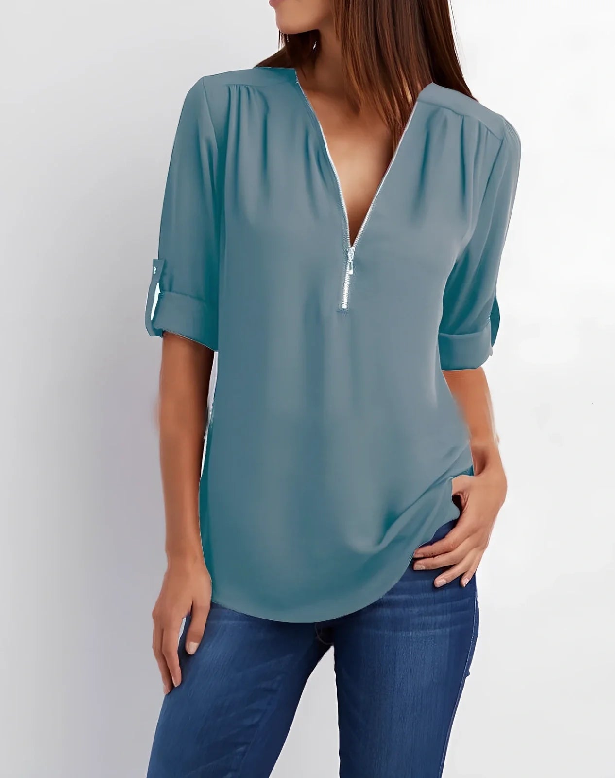 Women's pink zip V-neck short sleeve loose shirt, bust 96cm size S, Dacron fabric in multiple colours