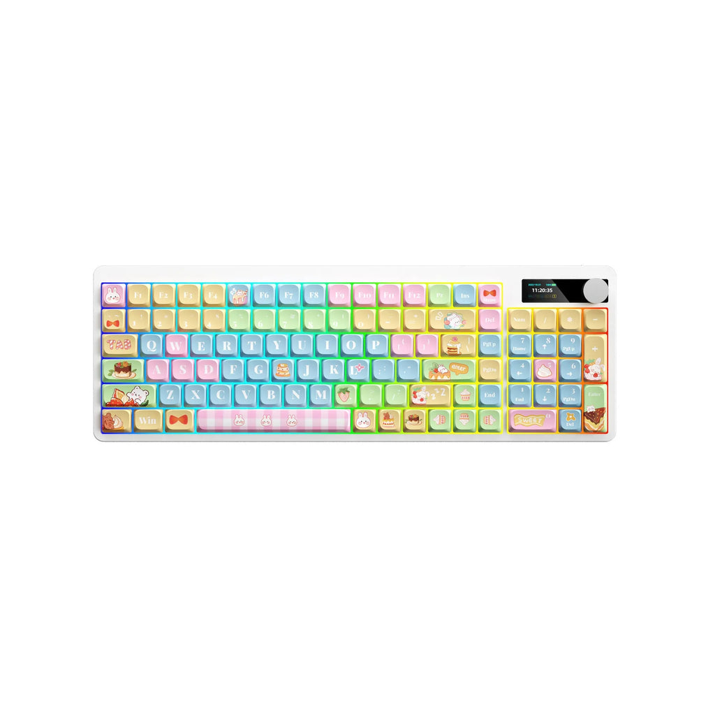 Black iron mechanical keyboard with RGB backlighting and full key layout on a desk