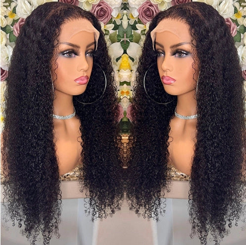 Brazilian Kinky Curly Lace Front Wig in natural color, showcasing voluminous curls and a natural hairline.