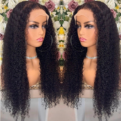 Brazilian Kinky Curly Lace Front Wig in natural color, showcasing voluminous curls and a natural hairline.