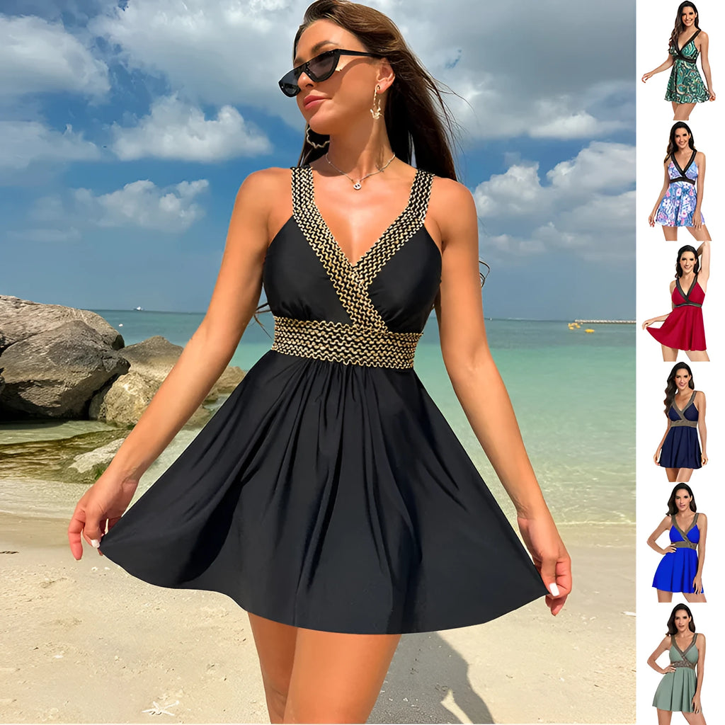 V-neck printed swimsuit dress for women in nylon spandex fabric on beach