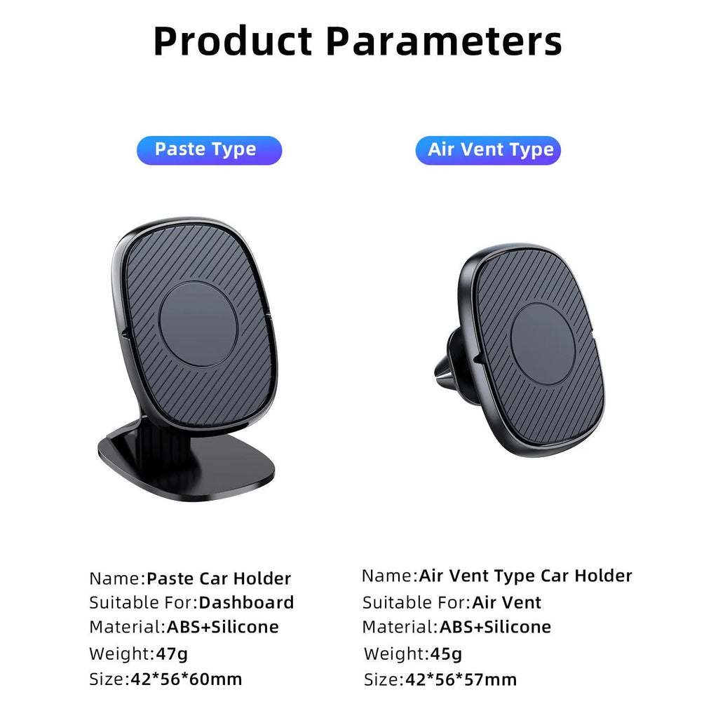 Magnetic car navigation phone holder with zinc alloy body and silicone pad, showing a smartphone attached