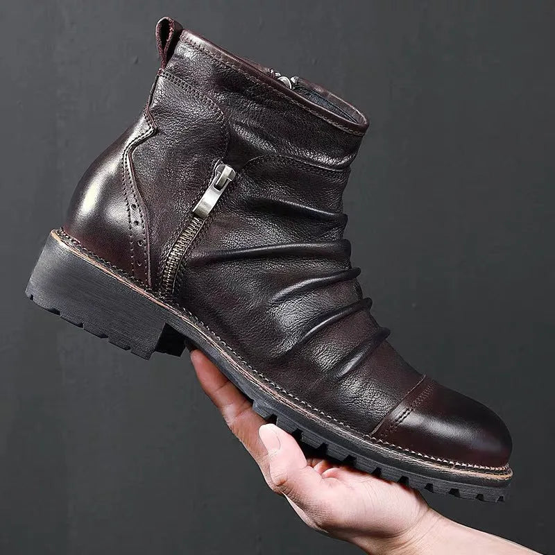Black embossed PU Martin boots with a side zipper and a distinctive horseshoe heel.