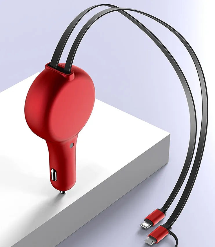 Black retractable car charger with two extended cables and multiple charging heads on a car dashboard.