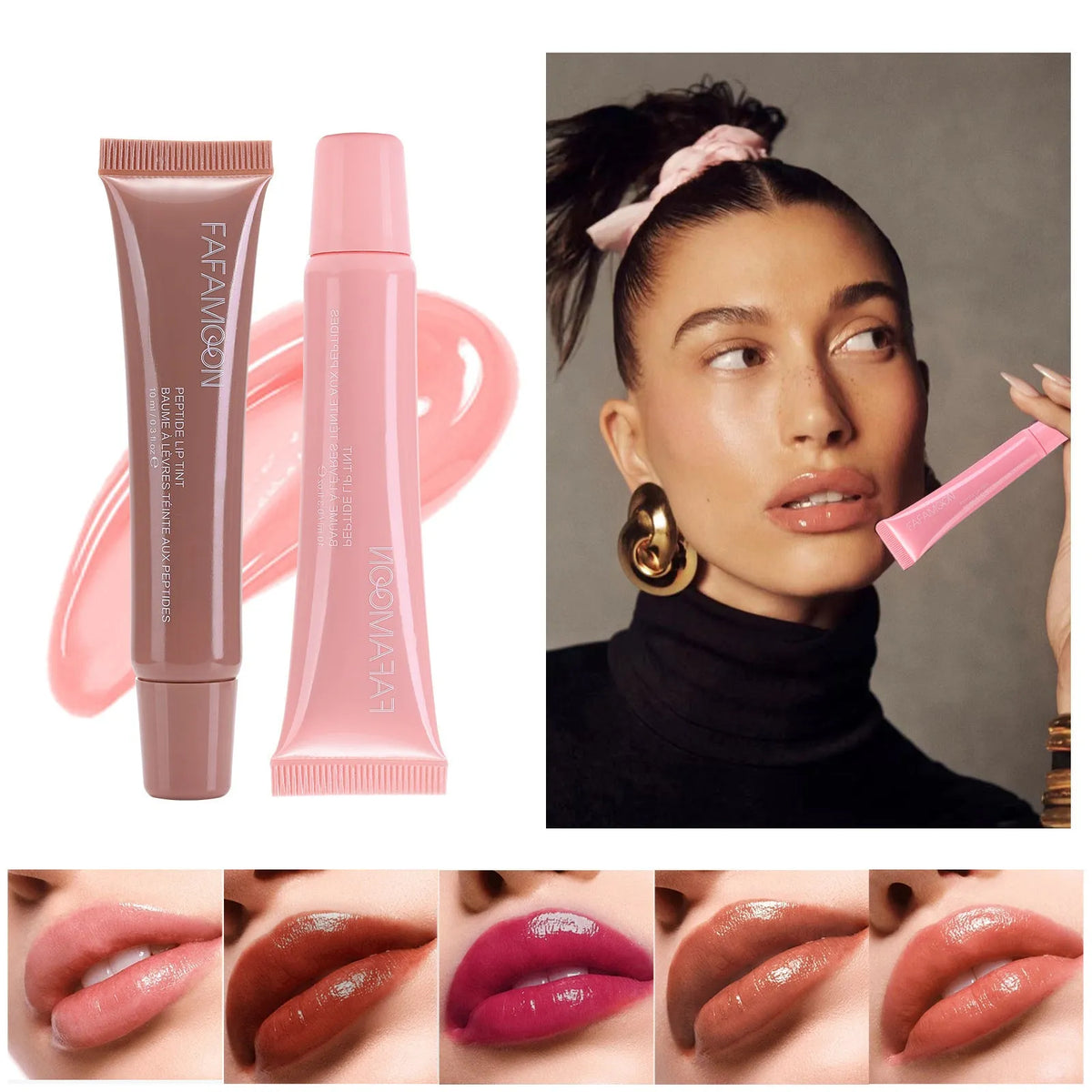Glossy lip glaze in 10ml tube with water-resistant mirror finish, available in five colours including ribbon and espresso