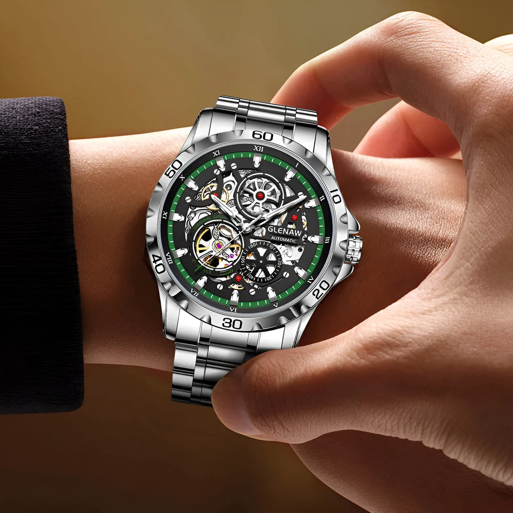 Men's silver skeleton automatic watch with luminous blue steel band and transparent case back