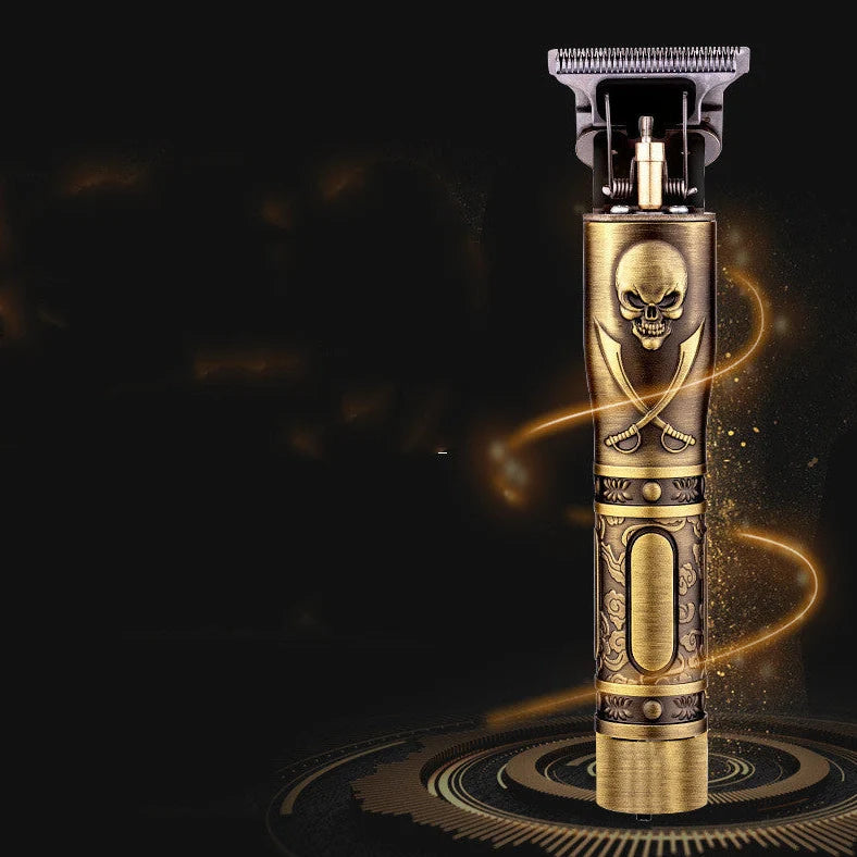 Gold skull hair clipper with USB charging port and cutting blades