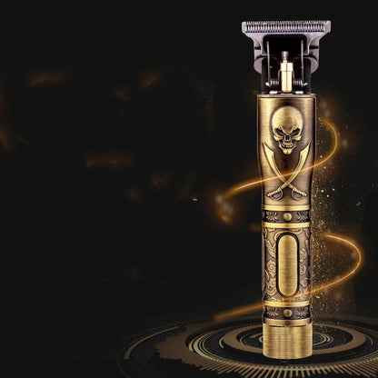 Gold skull hair clipper with USB charging port and cutting blades