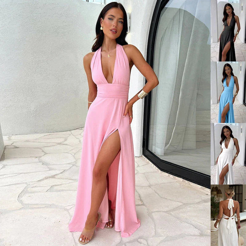 Stylish halter v-neck dress with slit and backless design, available in multiple colors