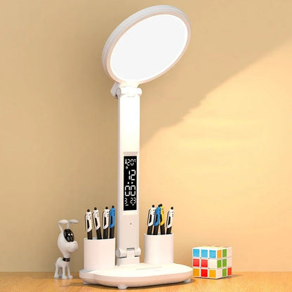 Versatile LED desk lamp with adjustable lighting, built-in digital clock, and convenient features like a rechargeable battery and foldable design