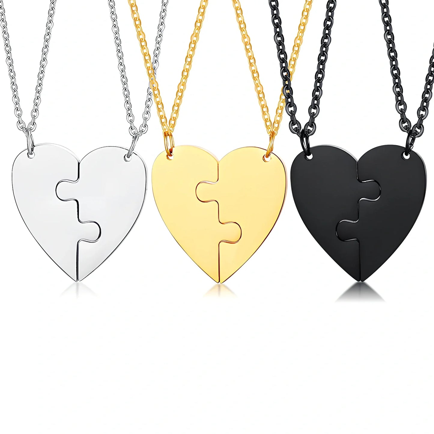 Heart-shaped titanium steel friendship pendant set in silver, gold, black with optional 51-80cm chain, rust-resistant two-piece unisex jewellery