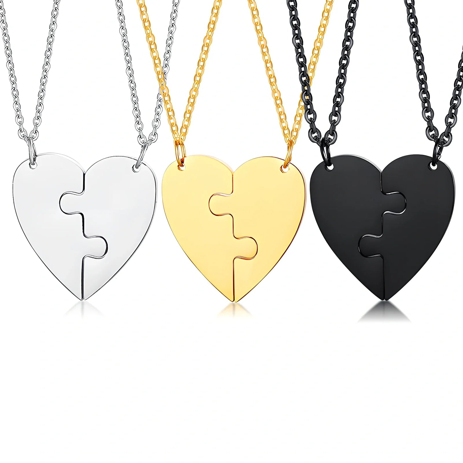 Heart-shaped titanium steel friendship pendant set in silver, gold, black with optional 51-80cm chain, rust-resistant two-piece unisex jewellery